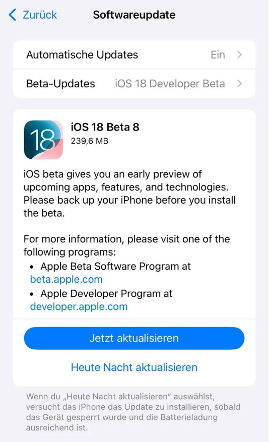 上饶苹果手机维修分享苹果 iOS / iPadOS 18 开发者预览版 Beta 8 发布 